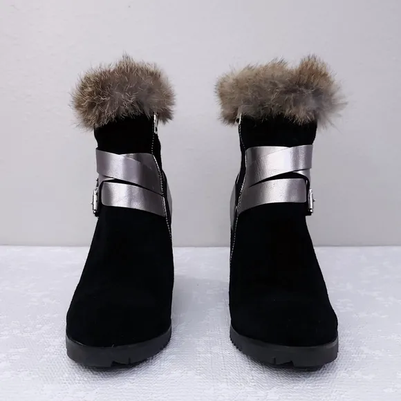 UKIES Wedge Heeled Ankle Booties Rabbit Fur Trim