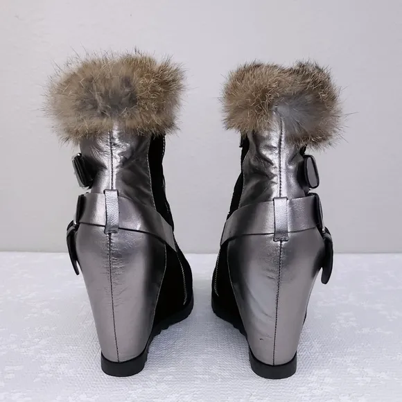 UKIES Wedge Heeled Ankle Booties Rabbit Fur Trim