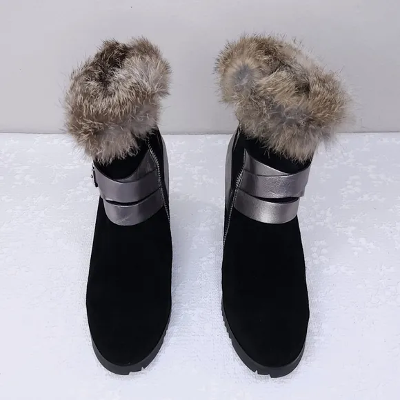 UKIES Wedge Heeled Ankle Booties Rabbit Fur Trim