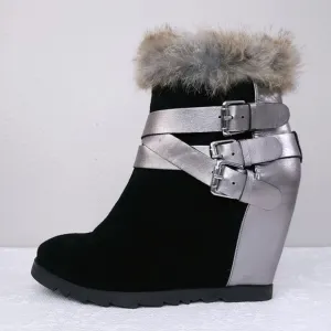 UKIES Wedge Heeled Ankle Booties Rabbit Fur Trim