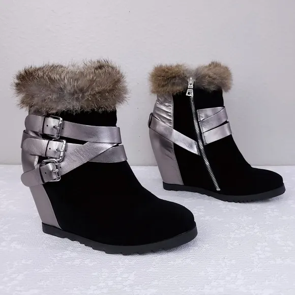 UKIES Wedge Heeled Ankle Booties Rabbit Fur Trim