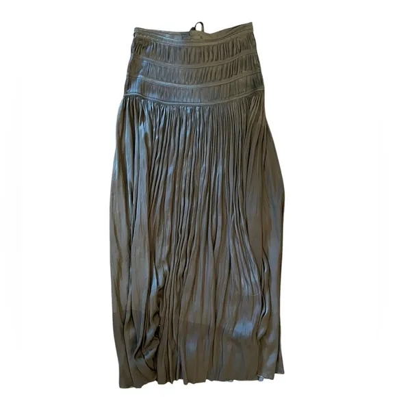 Ulla Johnson Isidore Satin Pleated Bow Trim Side Zipper Raw Hem Midi Skirt
