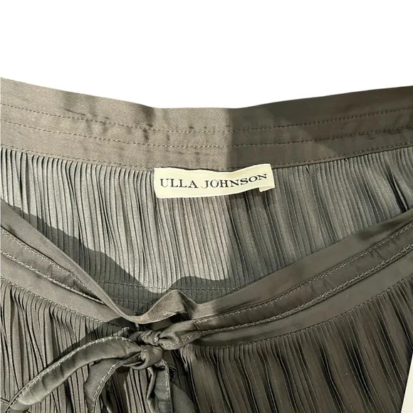 Ulla Johnson Isidore Satin Pleated Bow Trim Side Zipper Raw Hem Midi Skirt