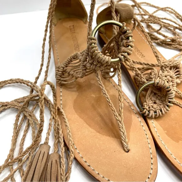 ULLA JOHNSON Light Tan Leather Javi Boho Gladiator Lace Up Ankle Sandals Size 39