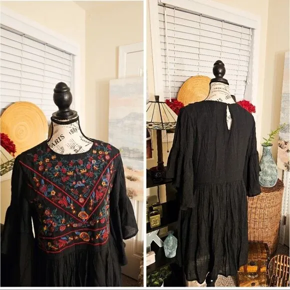 Umgee USA Rayon Blend Embroidered Babydoll Boho Dress. M fit