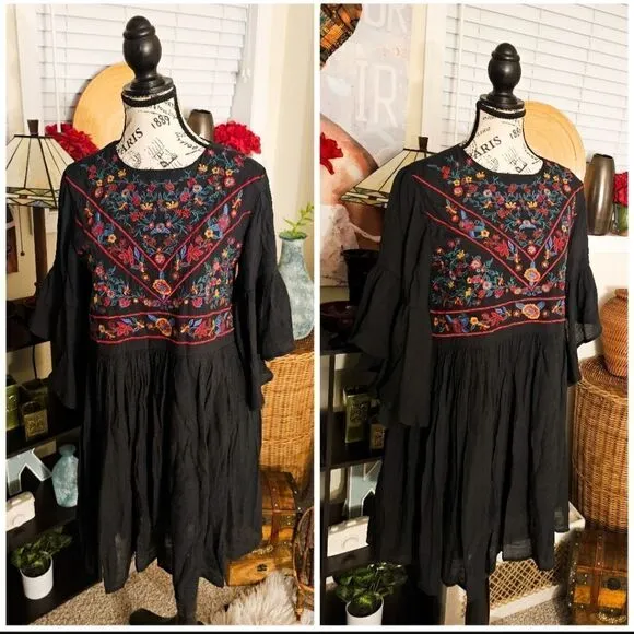 Umgee USA Rayon Blend Embroidered Babydoll Boho Dress. M fit