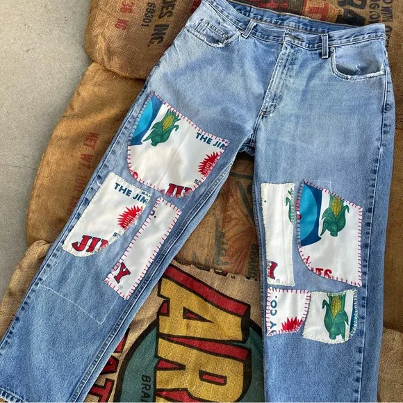 Upcycled patchwork feed sack jeans