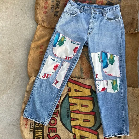 Upcycled patchwork feed sack jeans