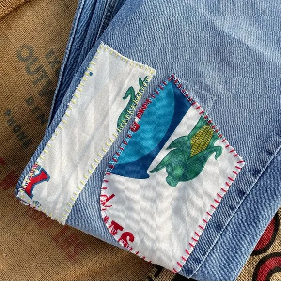 Upcycled patchwork feed sack jeans