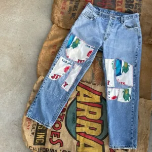 Upcycled patchwork feed sack jeans