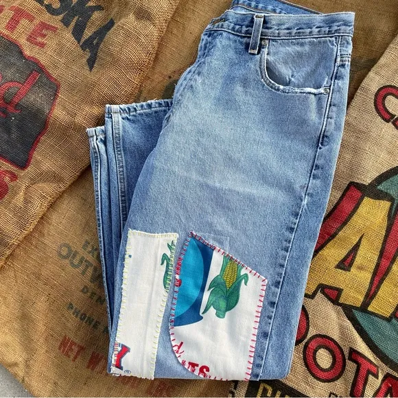 Upcycled patchwork feed sack jeans