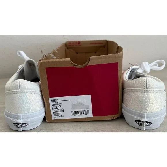 Vans old skool Kids Sz 2 Glitter White Classic Skateboard sneakers shoes SIB