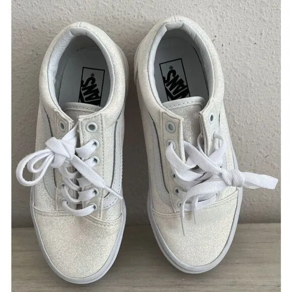 Vans old skool Kids Sz 2 Glitter White Classic Skateboard sneakers shoes SIB