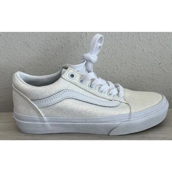 Vans old skool Kids Sz 2 Glitter White Classic Skateboard sneakers shoes SIB