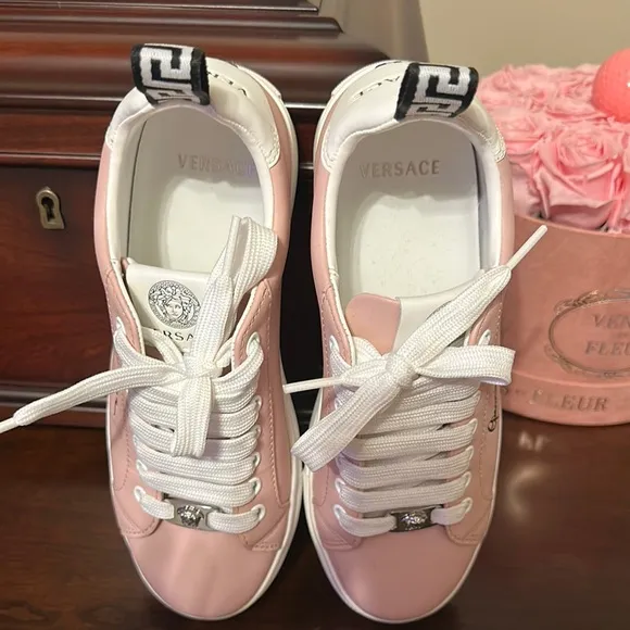 Versace Pink and White Sneakers with Classic Silhouette