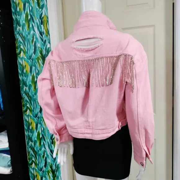 Veveret Cowboy Carter Prairie Coachella Crop Distressed Fringe Jacket Pink Small
