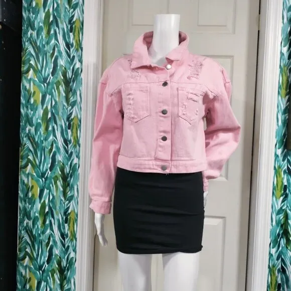 Veveret Cowboy Carter Prairie Coachella Crop Distressed Fringe Jacket Pink Small