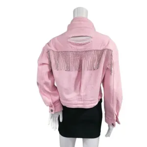 Veveret Cowboy Carter Prairie Coachella Crop Distressed Fringe Jacket Pink Small