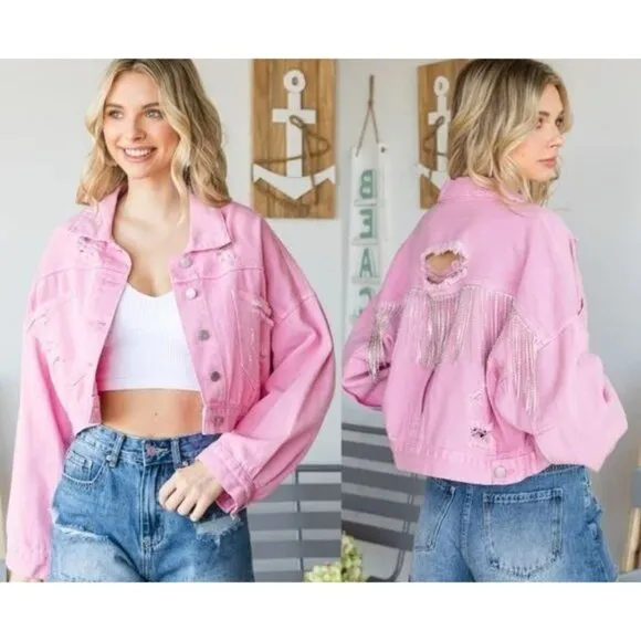 Veveret Cowboy Carter Prairie Coachella Crop Distressed Fringe Jacket Pink Small