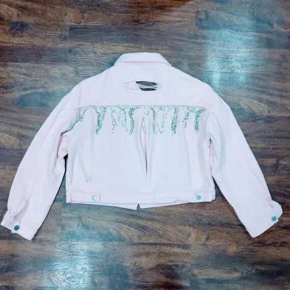 Veveret Cowboy Carter Prairie Coachella Crop Distressed Fringe Jacket Pink Small