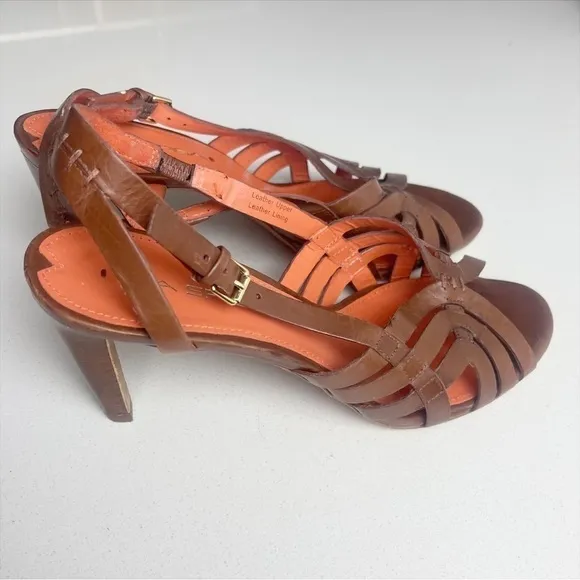 Via Spiga Woven Strappy kitten Heels Size 7 (37.5) brown Leather Caged Sandals