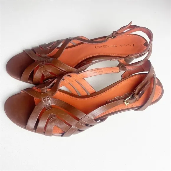 Via Spiga Woven Strappy kitten Heels Size 7 (37.5) brown Leather Caged Sandals