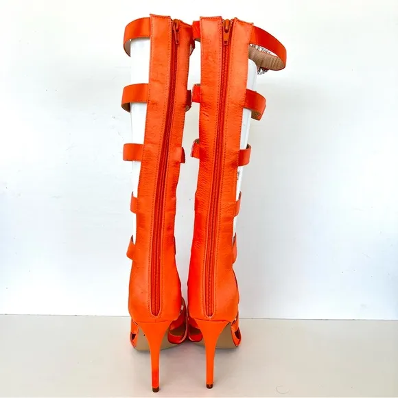 VIGO FIORE Orange Satin Embellishment Gladiator Caged Summer Heel Boots Sz 9