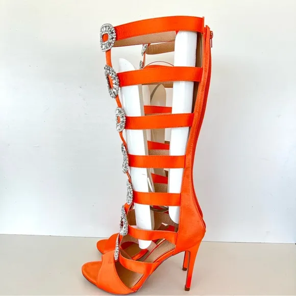 VIGO FIORE Orange Satin Embellishment Gladiator Caged Summer Heel Boots Sz 9