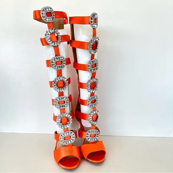 VIGO FIORE Orange Satin Embellishment Gladiator Caged Summer Heel Boots Sz 9