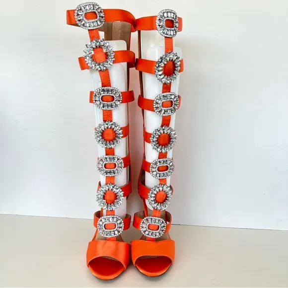 VIGO FIORE Orange Satin Embellishment Gladiator Caged Summer Heel Boots Sz 9