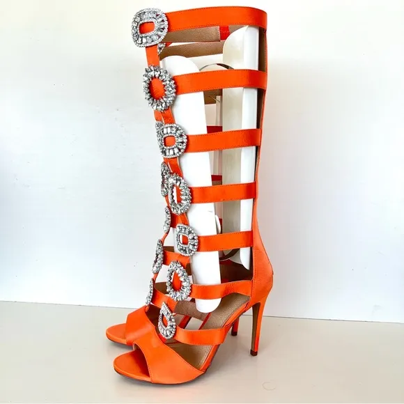 VIGO FIORE Orange Satin Embellishment Gladiator Caged Summer Heel Boots Sz 9