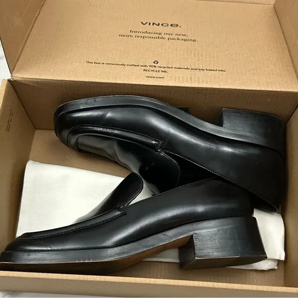 Vince Black Doris Glossed-Leather Block Heel Loafer Size 8.5 Minimalist Office