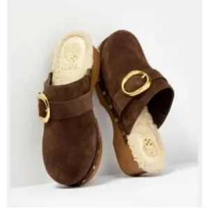 Vince Camuto Canzenee Brown Suede Leather Clogs, Women’s 7.5 Comfort Gold/Sherpa