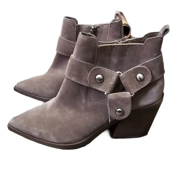 Vince Camuto suede moto boho western grey brown ankle boots cuban heel size 8.5
