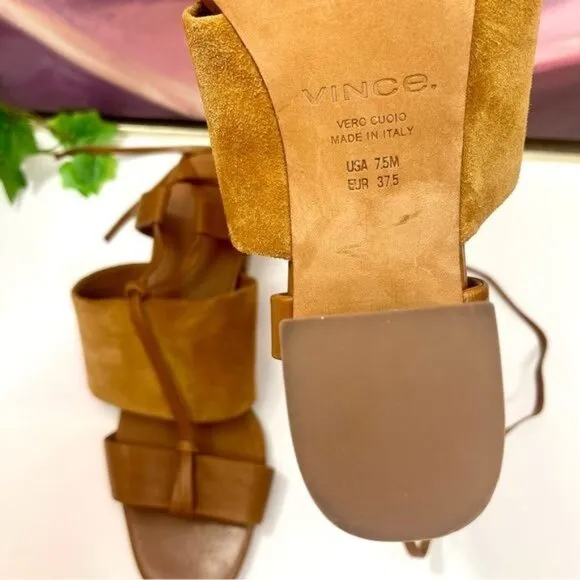 Vince Dunaway Ankle Tie Block Heel Hazelnut Brown Leather Sandal Size 7.5