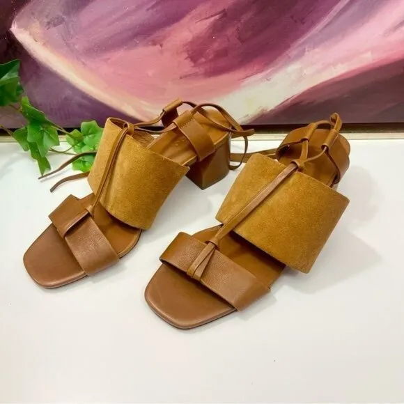 Vince Dunaway Ankle Tie Block Heel Hazelnut Brown Leather Sandal Size 7.5