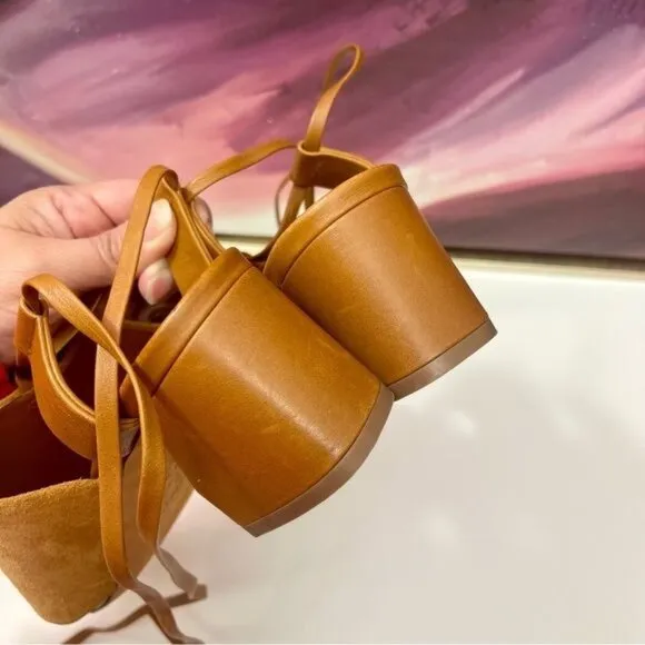 Vince Dunaway Ankle Tie Block Heel Hazelnut Brown Leather Sandal Size 7.5