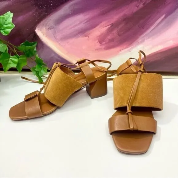 Vince Dunaway Ankle Tie Block Heel Hazelnut Brown Leather Sandal Size 7.5