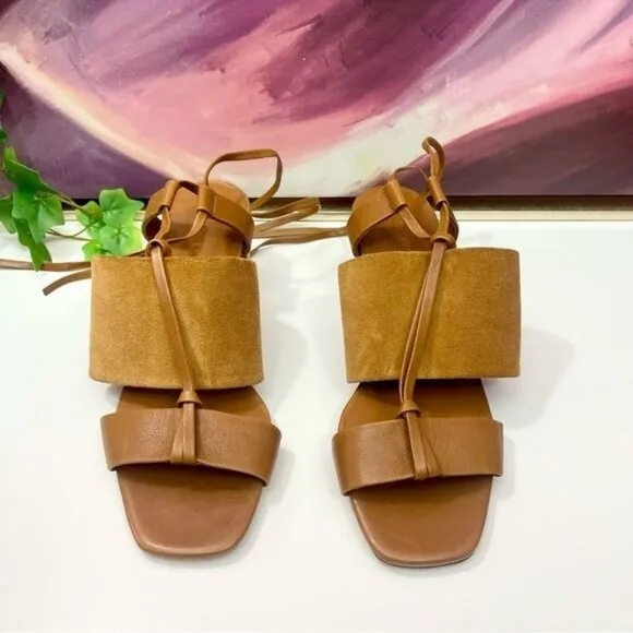 Vince Dunaway Ankle Tie Block Heel Hazelnut Brown Leather Sandal Size 7.5