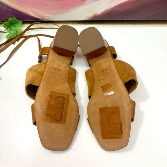 Vince Dunaway Ankle Tie Block Heel Hazelnut Brown Leather Sandal Size 7.5