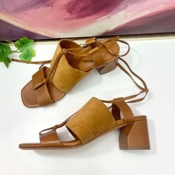 Vince Dunaway Ankle Tie Block Heel Hazelnut Brown Leather Sandal Size 7.5
