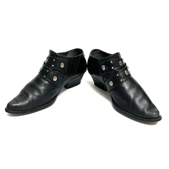 Vintage 1980s black leather studded buckle western biker ankle boots