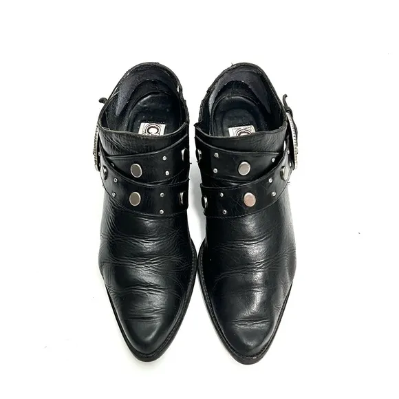 Vintage 1980s black leather studded buckle western biker ankle boots