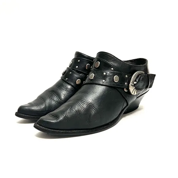 Vintage 1980s black leather studded buckle western biker ankle boots