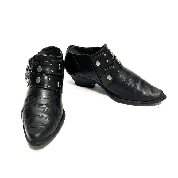 Vintage 1980s black leather studded buckle western biker ankle boots