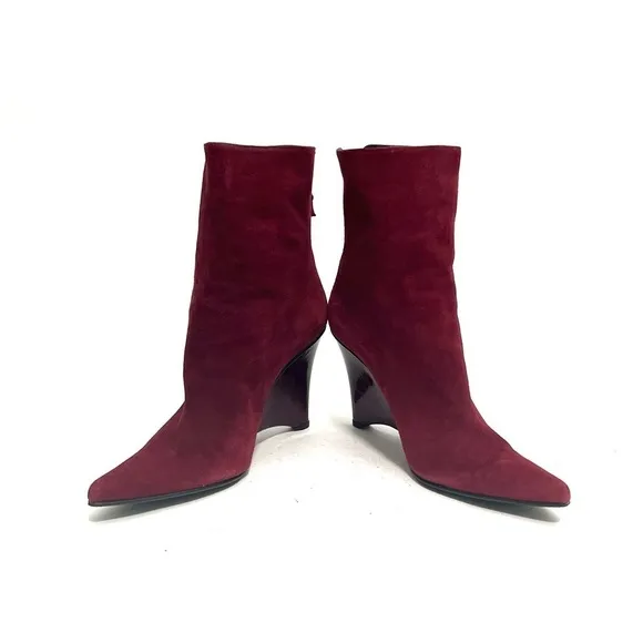 Vintage 1990s burgundy suede pointed toe zip up wedge heel ankle boots