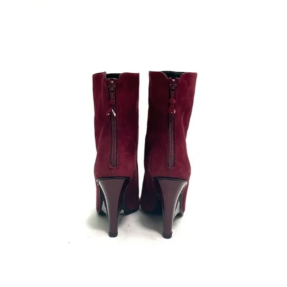 Vintage 1990s burgundy suede pointed toe zip up wedge heel ankle boots