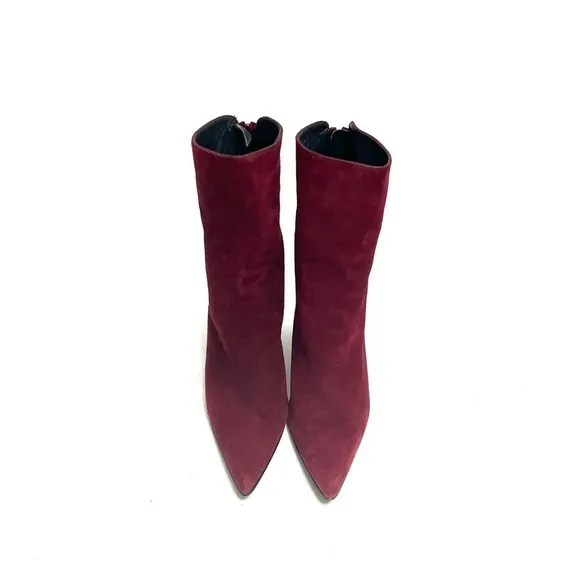 Vintage 1990s burgundy suede pointed toe zip up wedge heel ankle boots