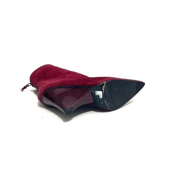 Vintage 1990s burgundy suede pointed toe zip up wedge heel ankle boots