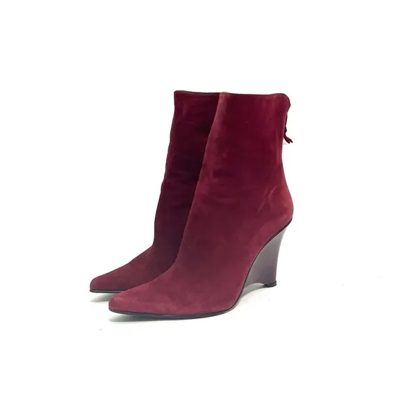 Vintage 1990s burgundy suede pointed toe zip up wedge heel ankle boots